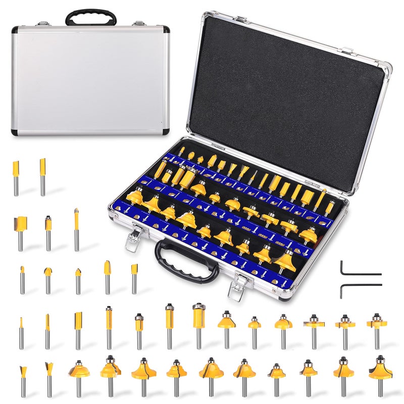 PLATINUMEDGE Router Bits Set, Tungsten Carbide Router Bits Set 1/4 Shank, Router Bit Kit for DIY, Woodworking Project, 35 Piece Set with Premium Aluminum Carry Storage Case - Image 1